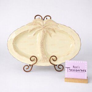 Pacific PALM TREE Cream Embossed Stoneware 15" x 10" Large Divided Platter Flaw